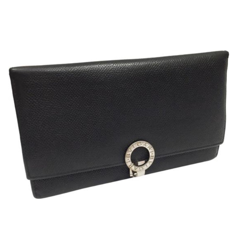 Bvlgari black leather circle logo long wallet